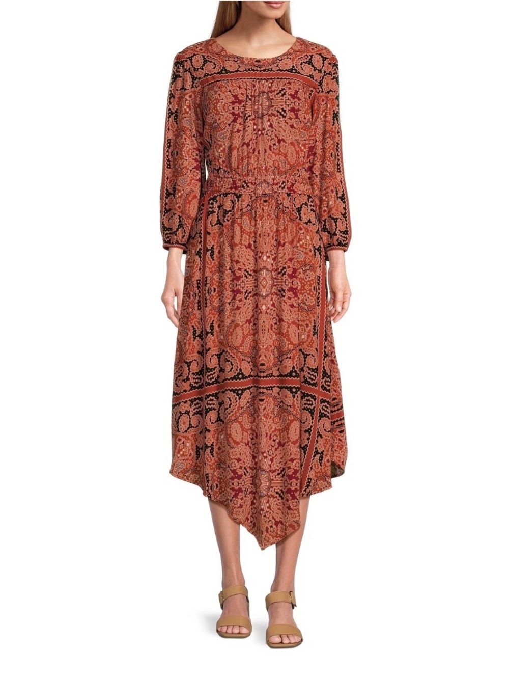NEW Plus Size Nurture Spice Scarf Print 3/4 Sleeve Pointed Hem Midi Multi $99